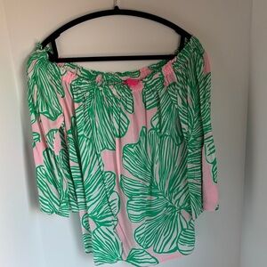 Lily Pulitzer Pink and Green Leaf Print Off-Shoulder Top